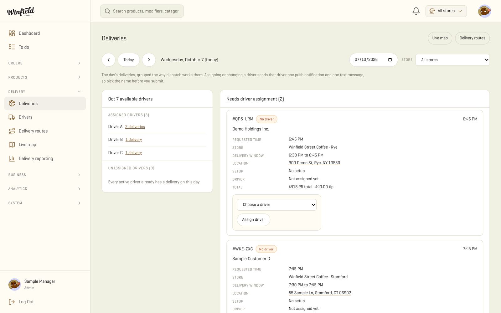 Real deliveries board with available drivers and orders that need one, shown with sample data
