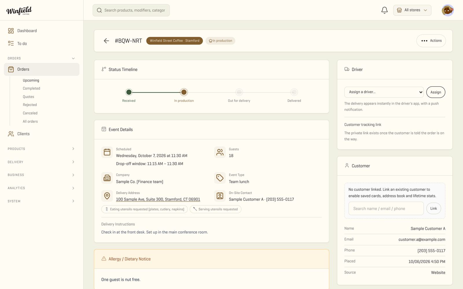 Real order page with event details, allergy notice and delivery instructions, shown with sample data