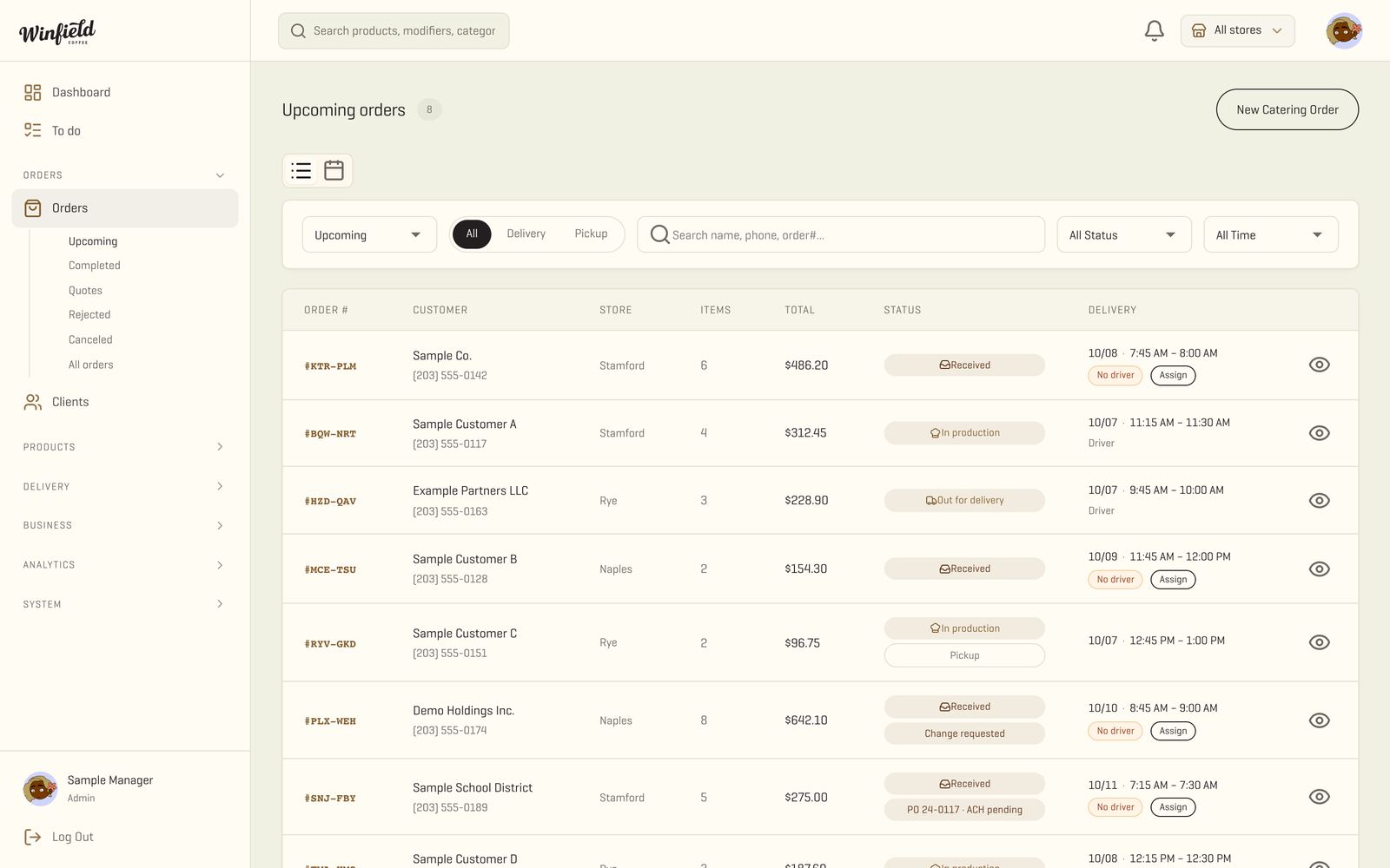 Real dashboard: upcoming orders across every store, shown with sample data