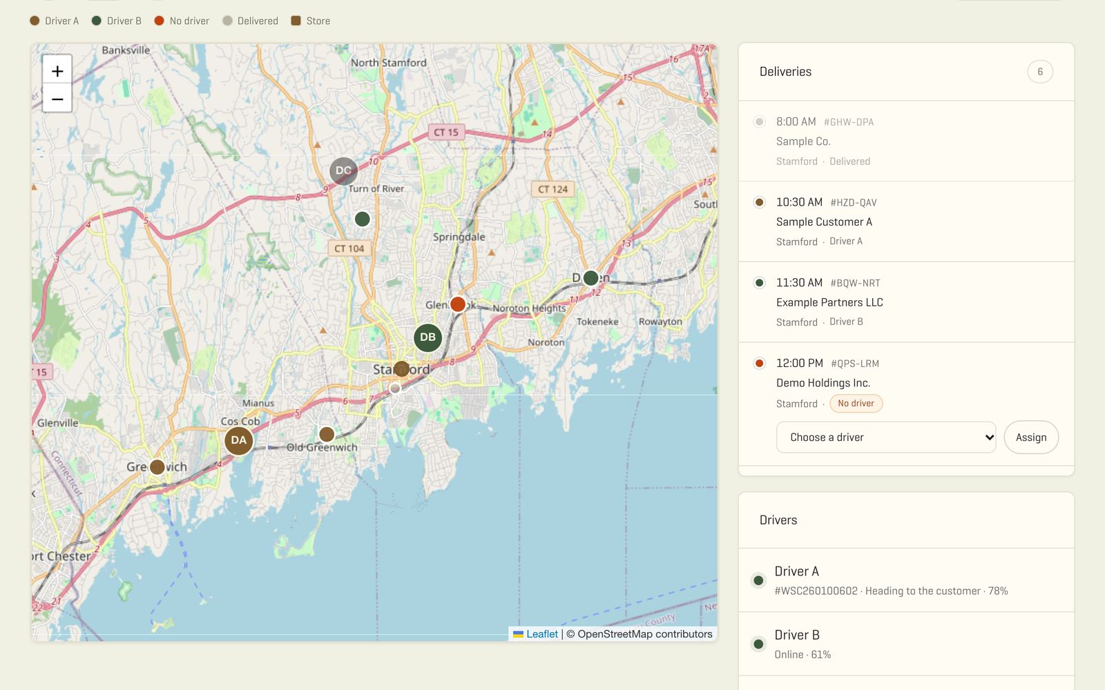 Real live delivery map with drivers, deliveries and the day's list, shown with sample data