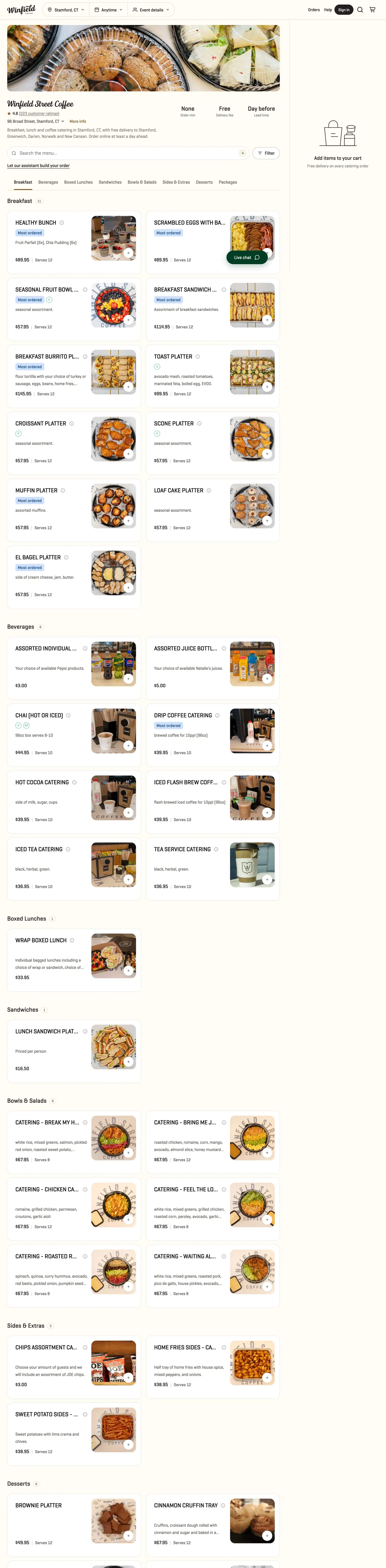 The full Winfield catering menu, scrolling